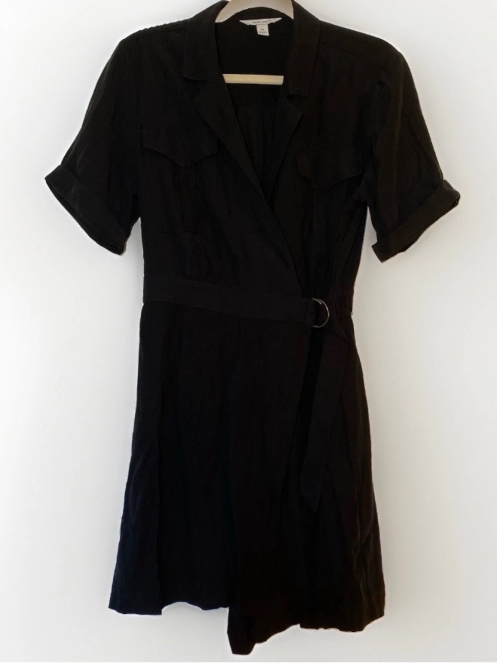 Nine West Medium Black Wrap Dress Tie Belt Neutral Work Office Midi Pockets